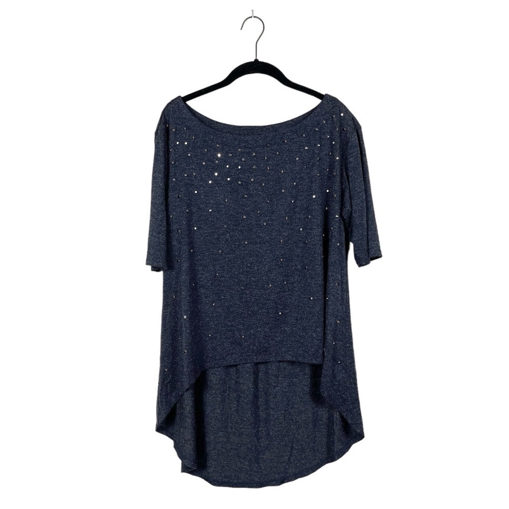 Allen B. by Allen Schwartz Gray Round Neck Short Sleeve Beaded Hi-Low Top Size S